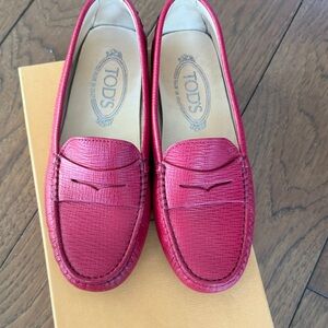 Tod's Red Textured Leather Penny Loafers